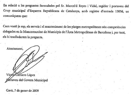 Resposta de l'Equip de Govern de l'Ajuntament de Gavà a la pregunta d'ERC sobre les dutxes del passeig martim de Gav Mar que malbaraten aigua al tenir un nic bot per a dues dutxes (7 de Gener de 2009)